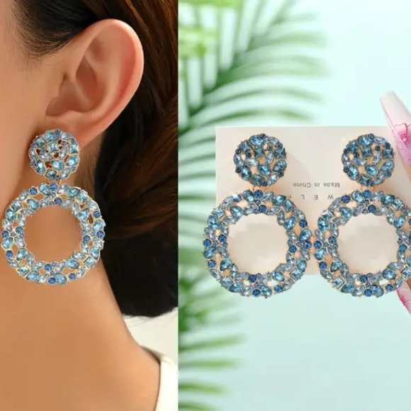 Blue Round Brilliant-Cut Sparkling Rhinestone Drop Dangle Earrings Jewelry - Picture 3 of 3